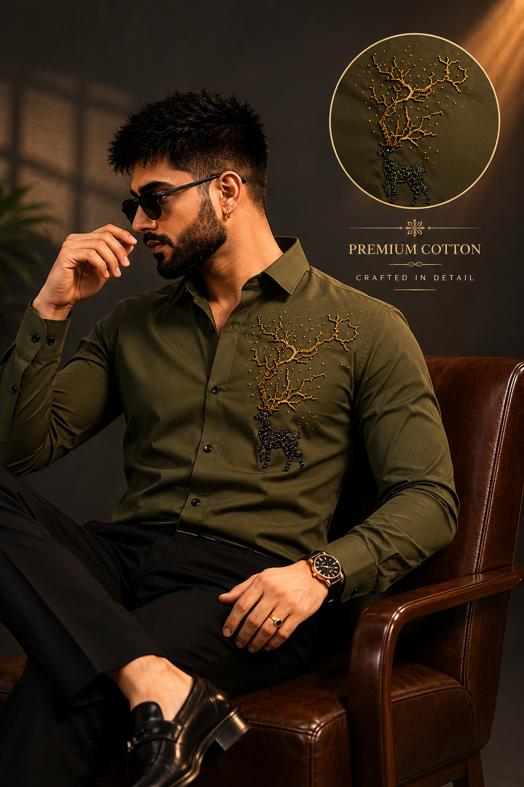 Premium Cotton Embroidered Green Shirt