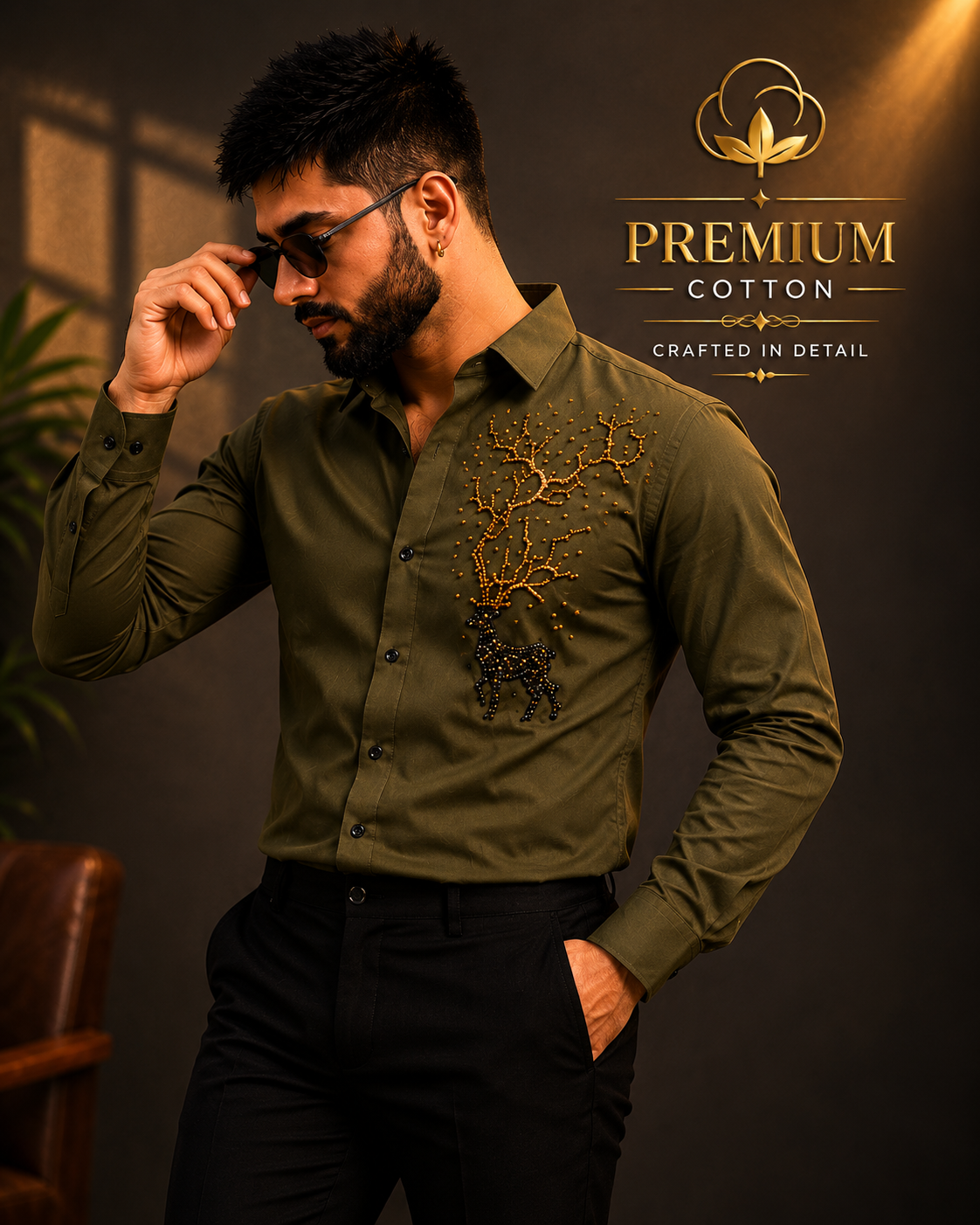 Premium Cotton Embroidered Green Shirt