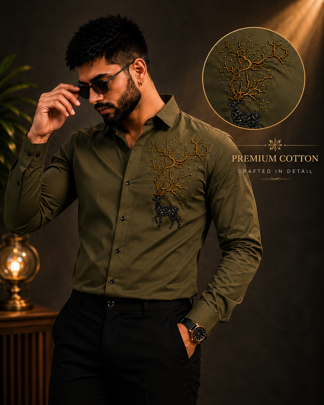Premium Cotton Embroidered Green Shirt