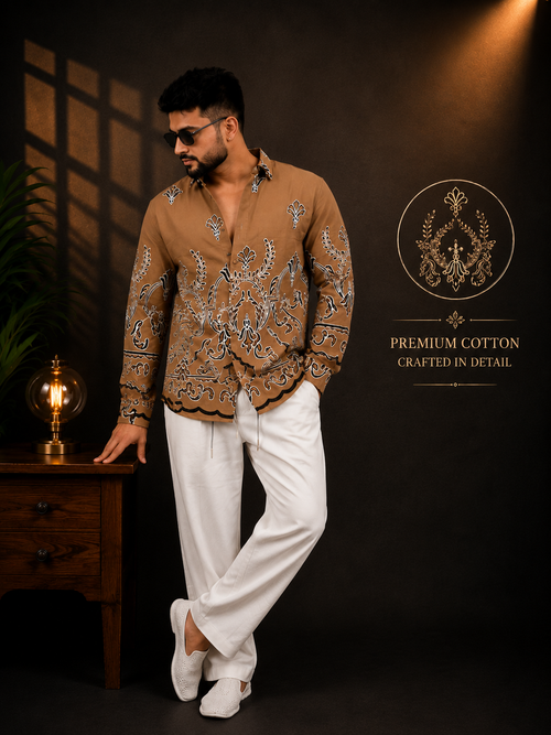 Baroque Pattern Designer Brown Shirt